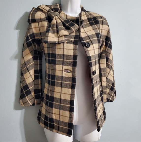 Kate Spade Black and Cream Plaid Pea Coat with Bow